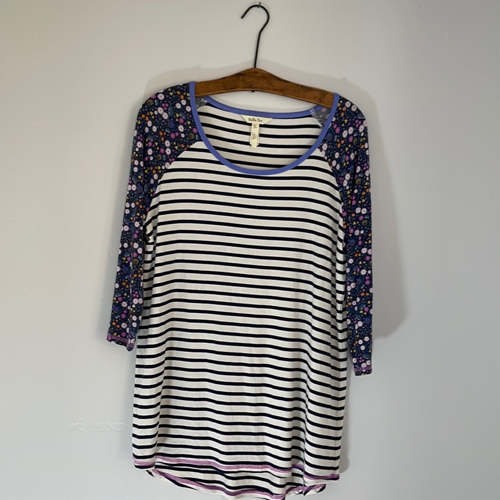 Matilda Jane Navy & Cream Striped Too with Floral Print Sleeves Size XL